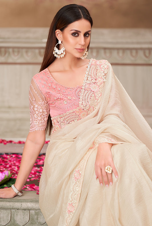 Off White Satin Silk Embroidered Designer Saree