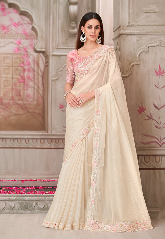 Off White Satin Silk Embroidered Designer Saree