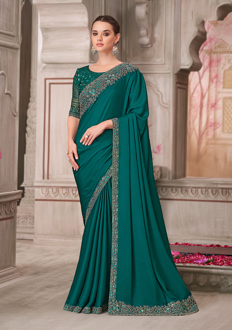 Teal Green Satin Silk Embroidered Sequins Work Saree