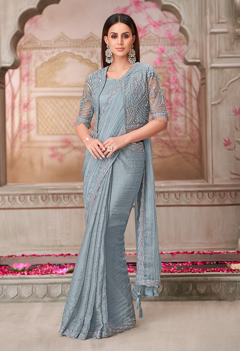 Slate Grey Georgette Embroidered Saree