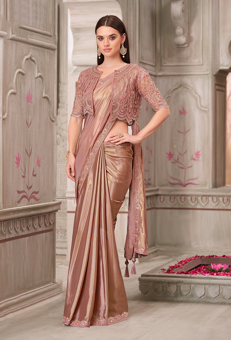 Brown Shimmer Satin Silk Embroidered Saree