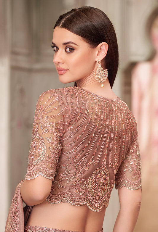 Brown Shimmer Satin Silk Embroidered Saree