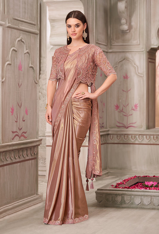 Brown Shimmer Satin Silk Embroidered Saree