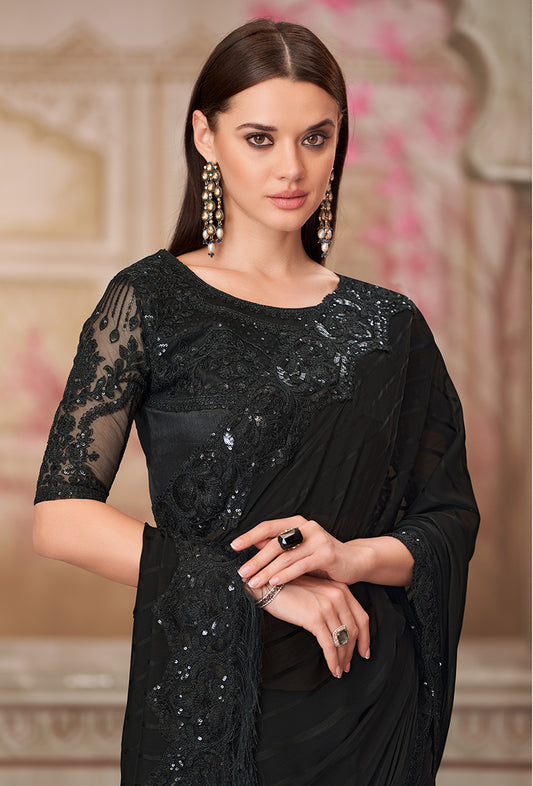 Black Georgette Embroidered Sequins Work Saree