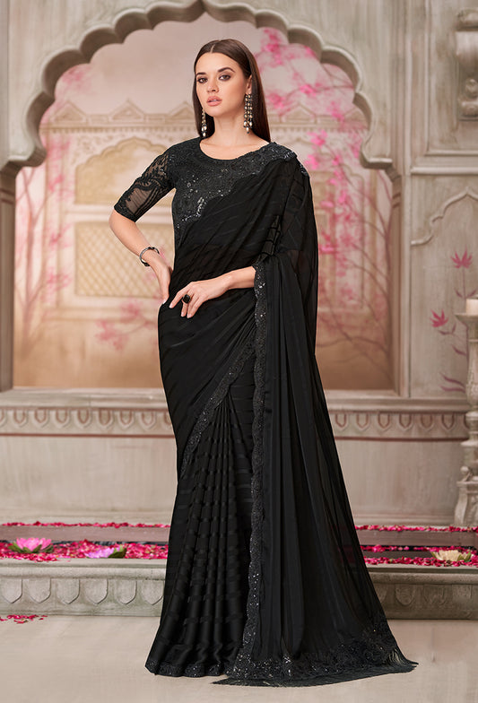 Black Georgette Embroidered Sequins Work Saree