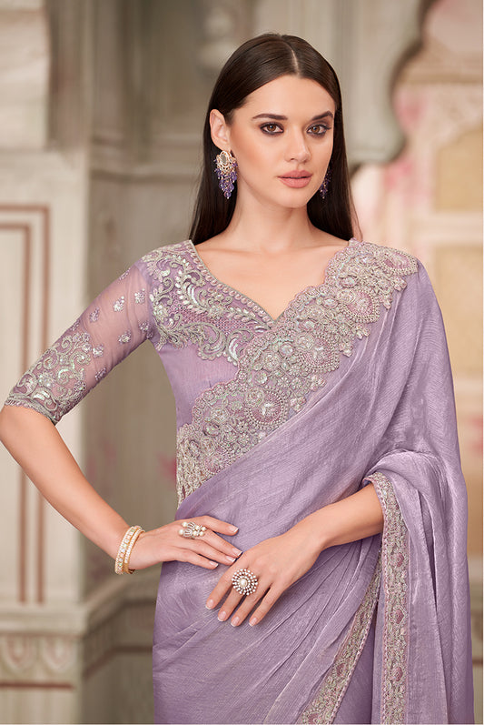 Lavender Chiffon Silk Embroidered Border Sequins Work Saree