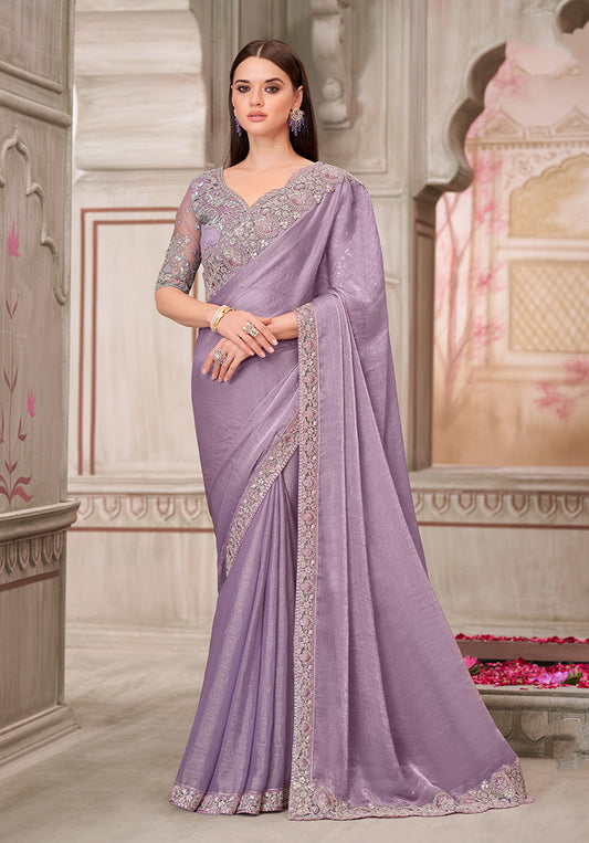 Lavender Chiffon Silk Embroidered Border Sequins Work Saree