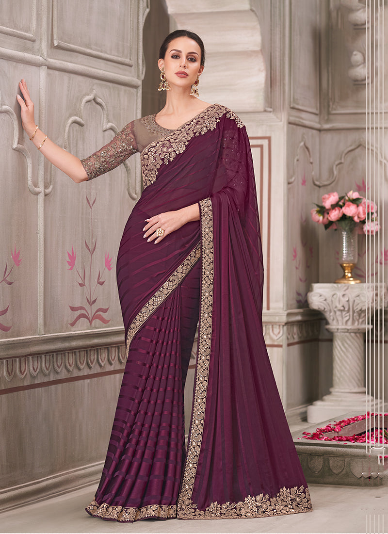 Wine Georgette Silk Embroidered Sequins Work Saree