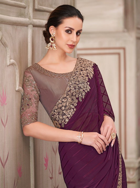 Wine Georgette Silk Embroidered Sequins Work Saree