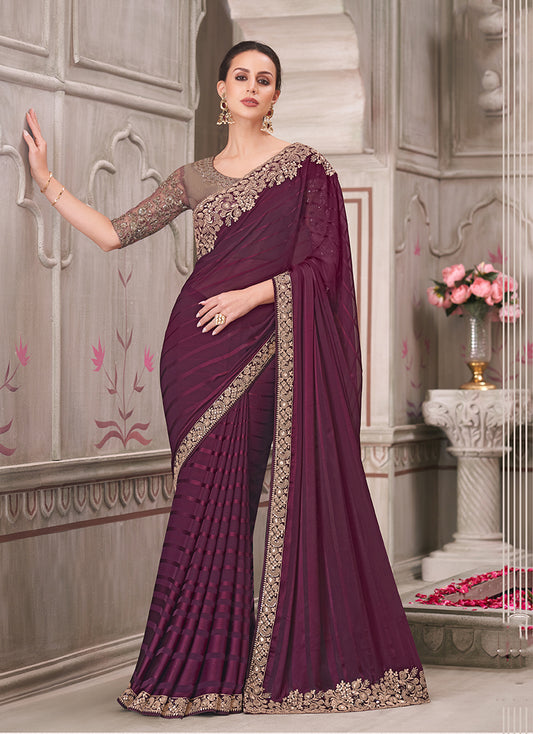 Wine Georgette Silk Embroidered Sequins Work Saree