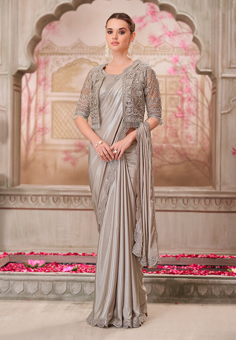 Silver Shimmer Satin Silk Sequins Engagement Designer Saree