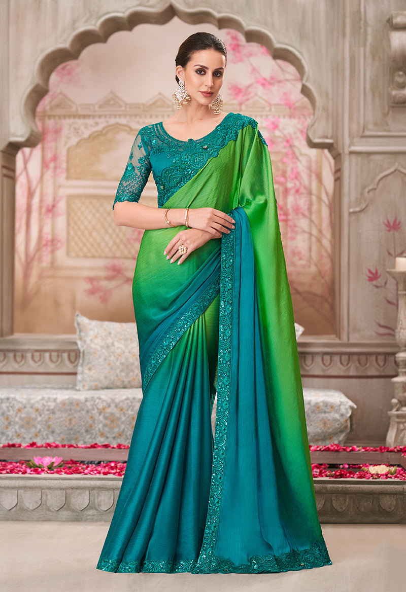 Green And Teal Chiffon Satin Sequins Work Saree