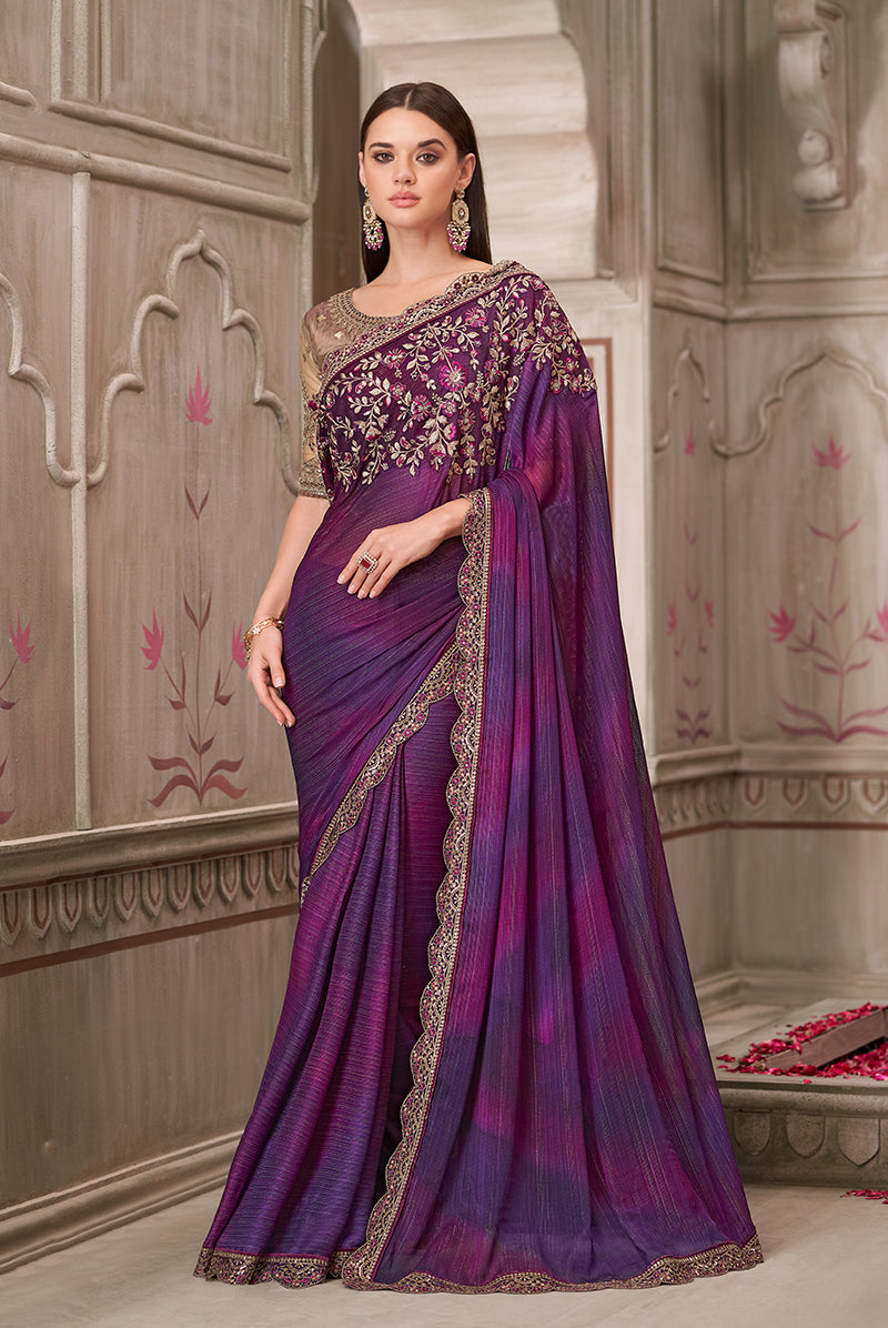 Purple Georgette Satin Embroidered and Stone Work Saree