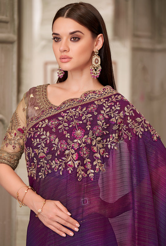 Purple Georgette Satin Embroidered and Stone Work Saree