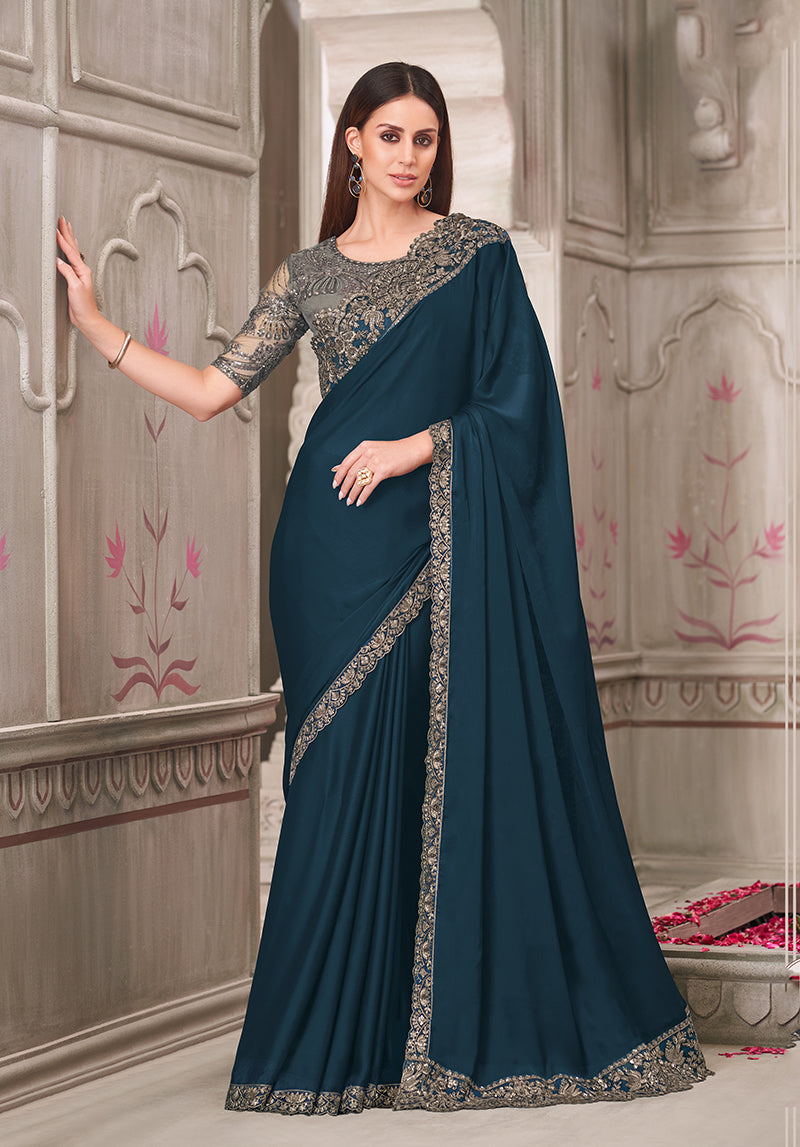 Teal Satin Silk Embroidered Sequins Work Saree