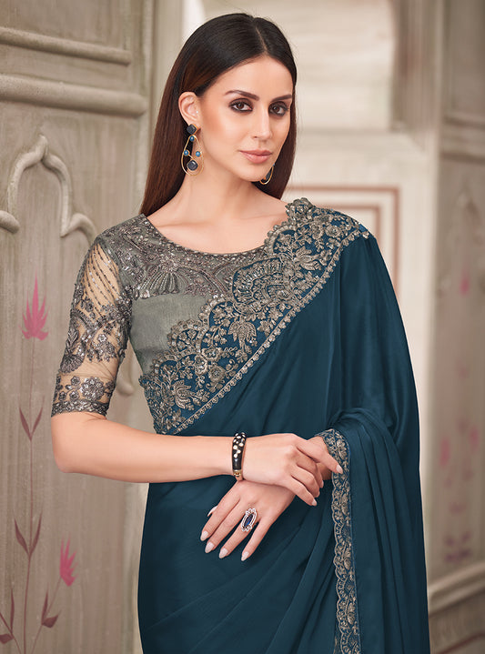 Teal Satin Silk Embroidered Sequins Work Saree
