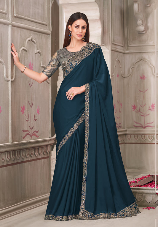 Teal Satin Silk Embroidered Sequins Work Saree