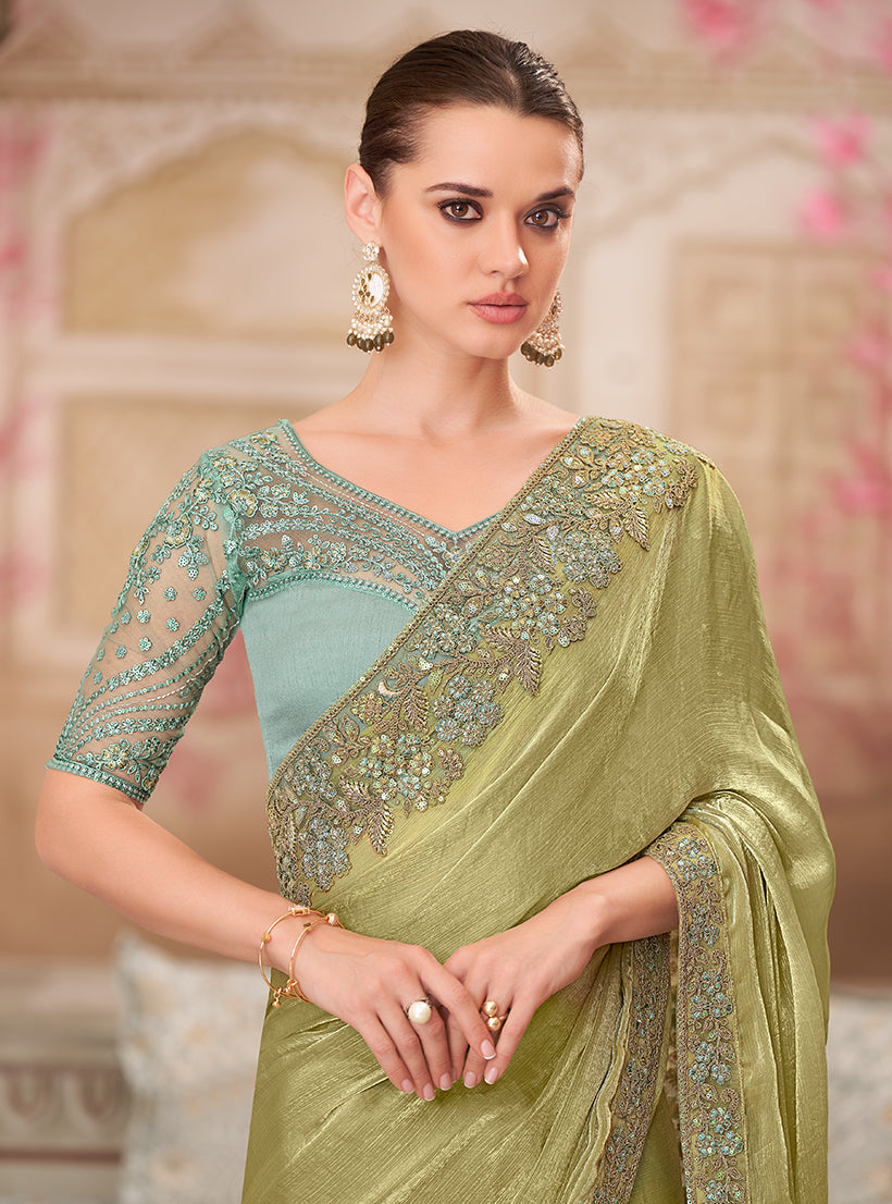 Olive Chiffon Silk Embroidered Work Saree