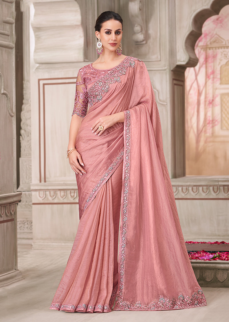 Pink Georgette Satin Embroidered Work Saree