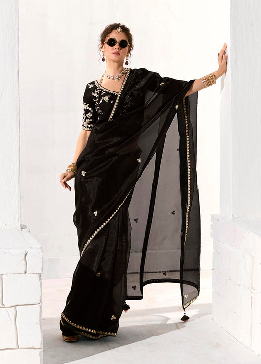 Black Tissue Silk Saree Featuring Intricate Sequins Work
