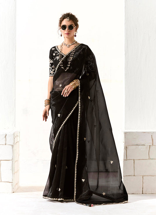 Black Tissue Silk Saree Featuring Intricate Sequins Work