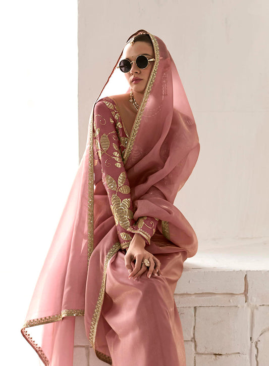 Dusty Rose Tissue Silk Saree Featuring Intricate Sequins Work