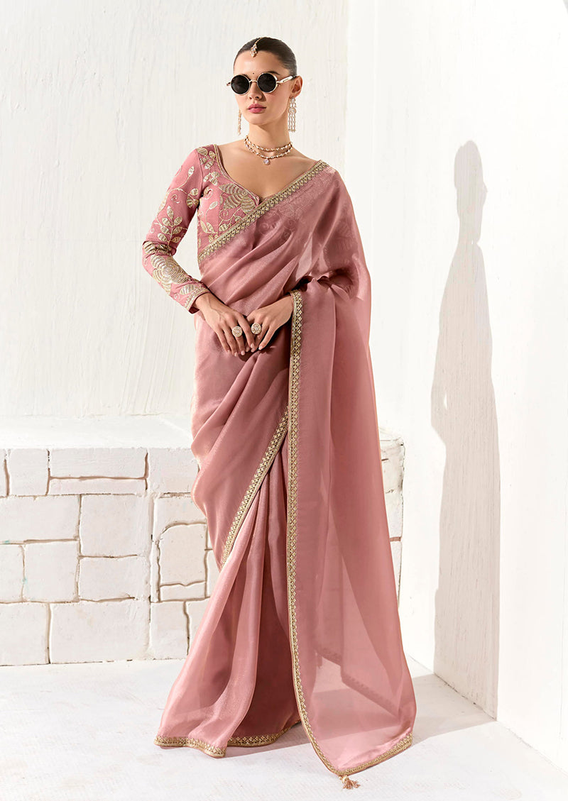 Dusty Rose Tissue Silk Saree Featuring Intricate Sequins Work