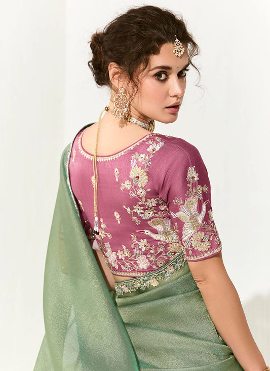 Sea Green Tissue Silk Saree Featuring Intricate Sequins Work
