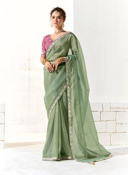 Sea Green Tissue Silk Saree Featuring Intricate Sequins Work