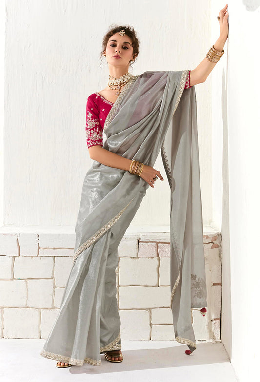 Gray Tissue Silk Saree Featuring Intricate Sequins Work