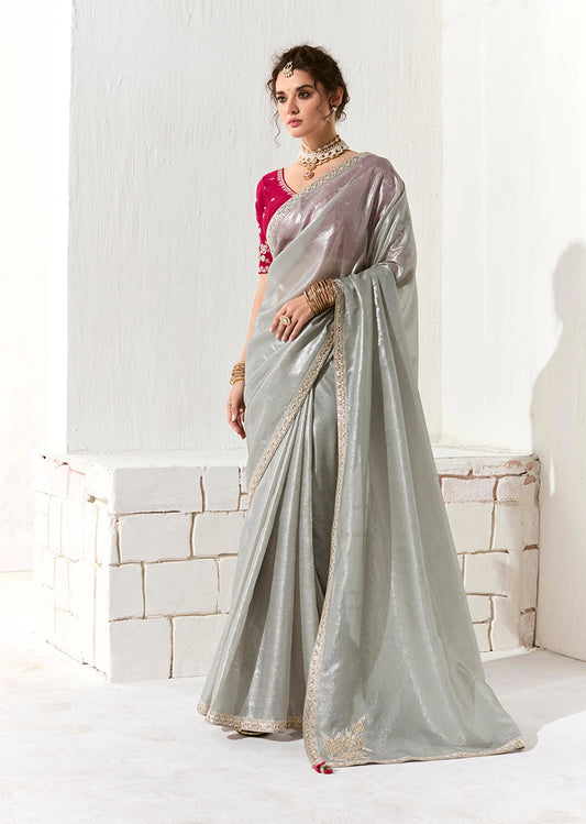 Gray Tissue Silk Saree Featuring Intricate Sequins Work