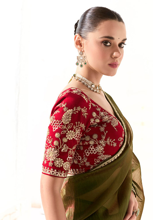 Dark Olive Tissue Silk Saree Featuring Intricate Sequins Work
