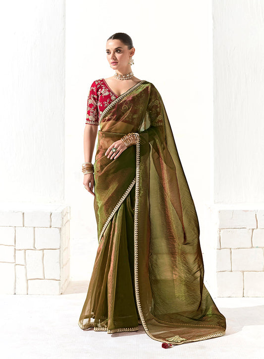 Dark Olive Tissue Silk Saree Featuring Intricate Sequins Work