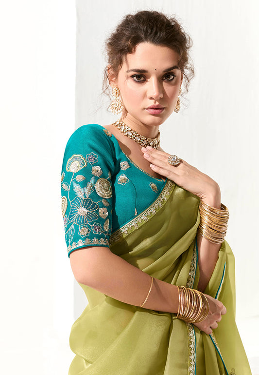 Olive Tissue Silk Saree Featuring Intricate Sequins Work