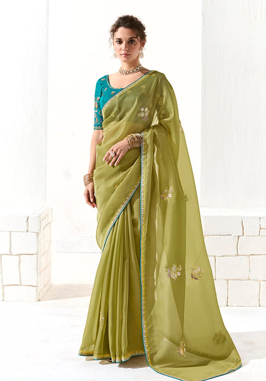 Olive Tissue Silk Saree Featuring Intricate Sequins Work