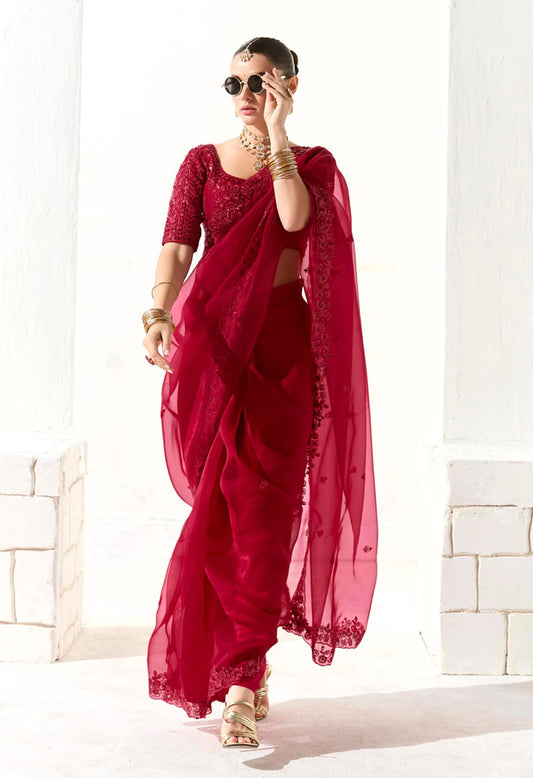 Red Tissue Silk Saree Featuring Intricate Sequins Work