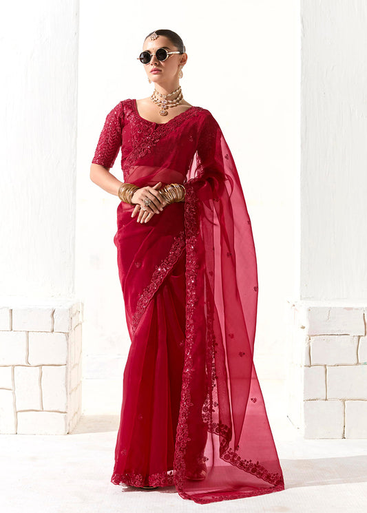 Red Tissue Silk Saree Featuring Intricate Sequins Work