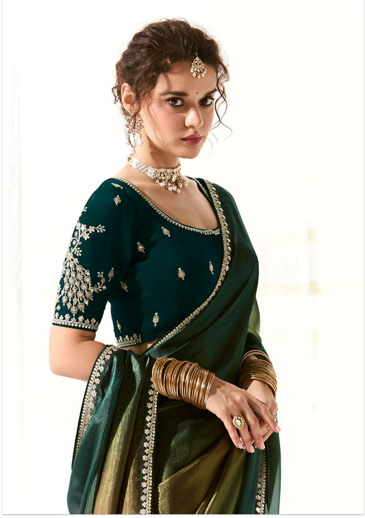 Dark Teal Tissue Silk Saree Featuring Intricate Sequins Work