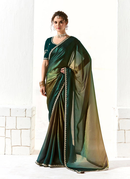Dark Teal Tissue Silk Saree Featuring Intricate Sequins Work