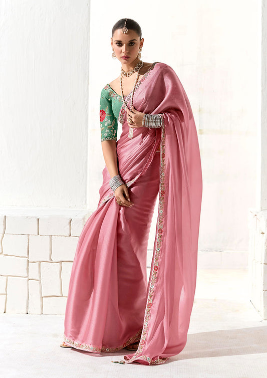 Pink Tissue Silk Saree Featuring Intricate Sequins Work