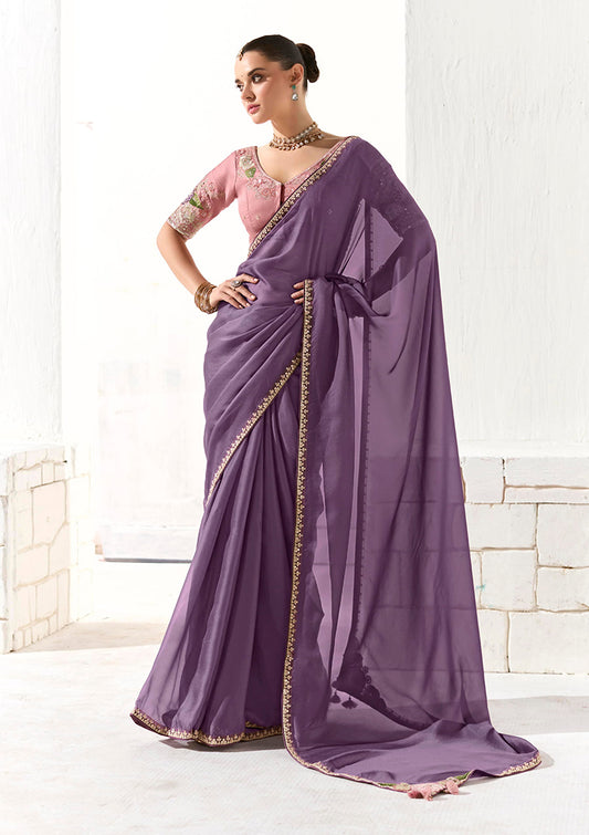 Purple Tissue Silk Saree Featuring Intricate Sequins Work