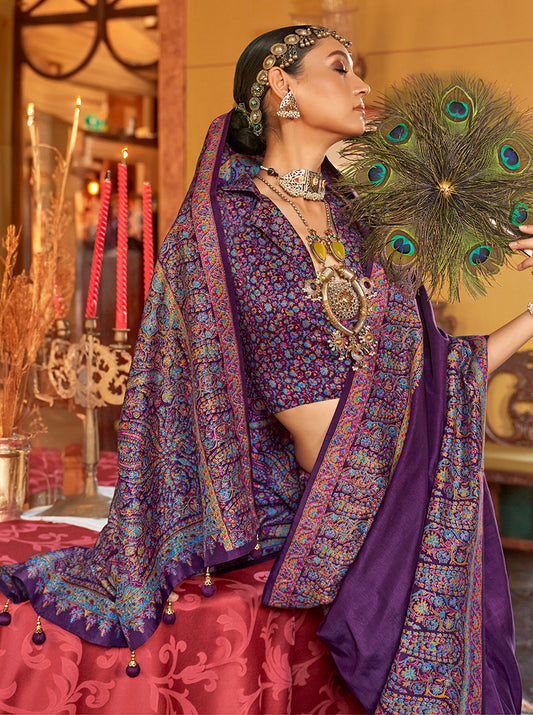 Dark Purple Dola Silk Paisley Printed Paithani Saree