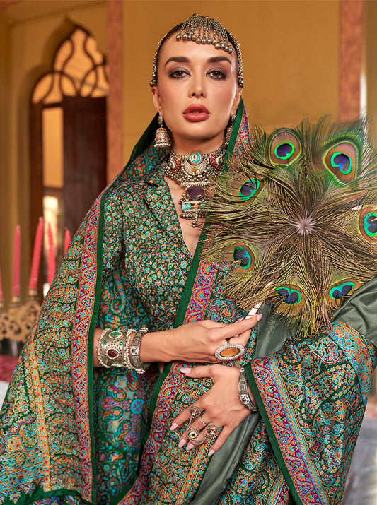 Olive Green Dola Silk Paisley Printed Paithani Saree