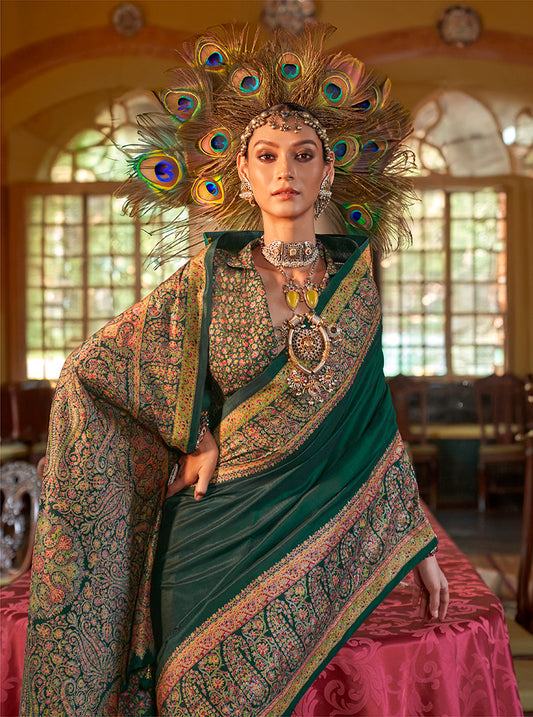Dark Green Dola Silk Paisley Printed Paithani Saree