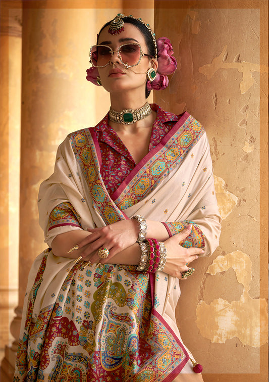 Cream Silk Printed Saree
