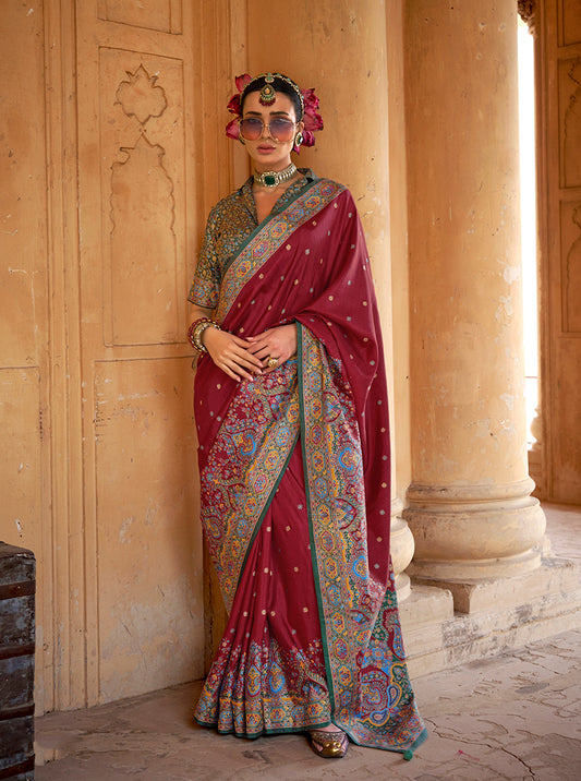 Burgundy Silk Printed Saree