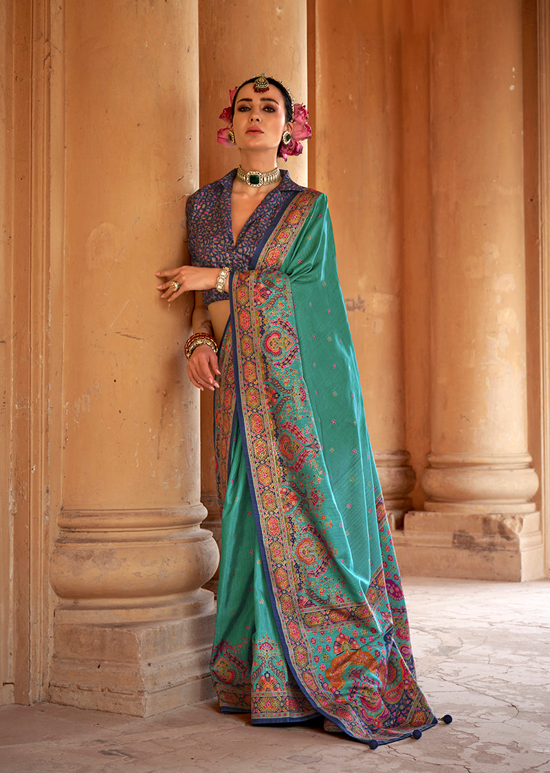 Turquoise Silk Printed Saree