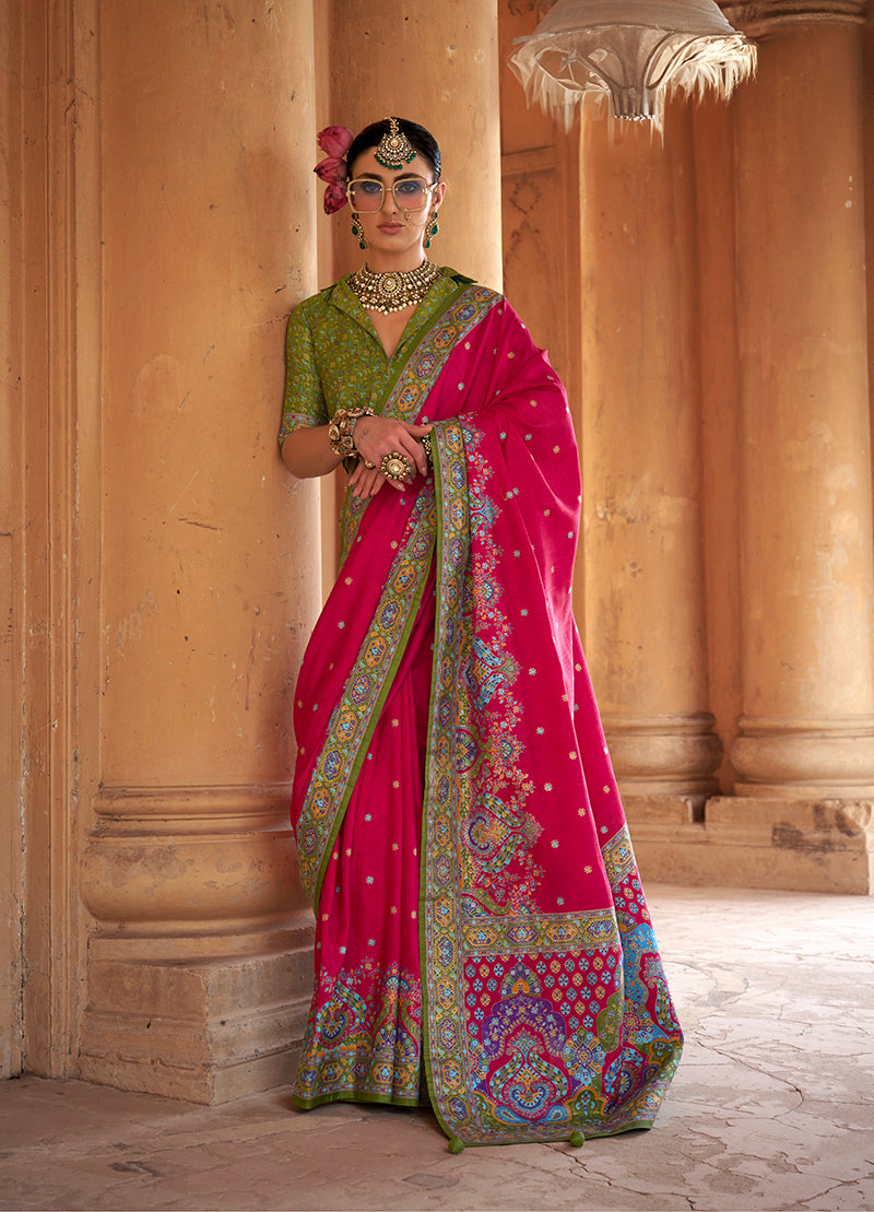 Rani Pink Silk Printed Saree