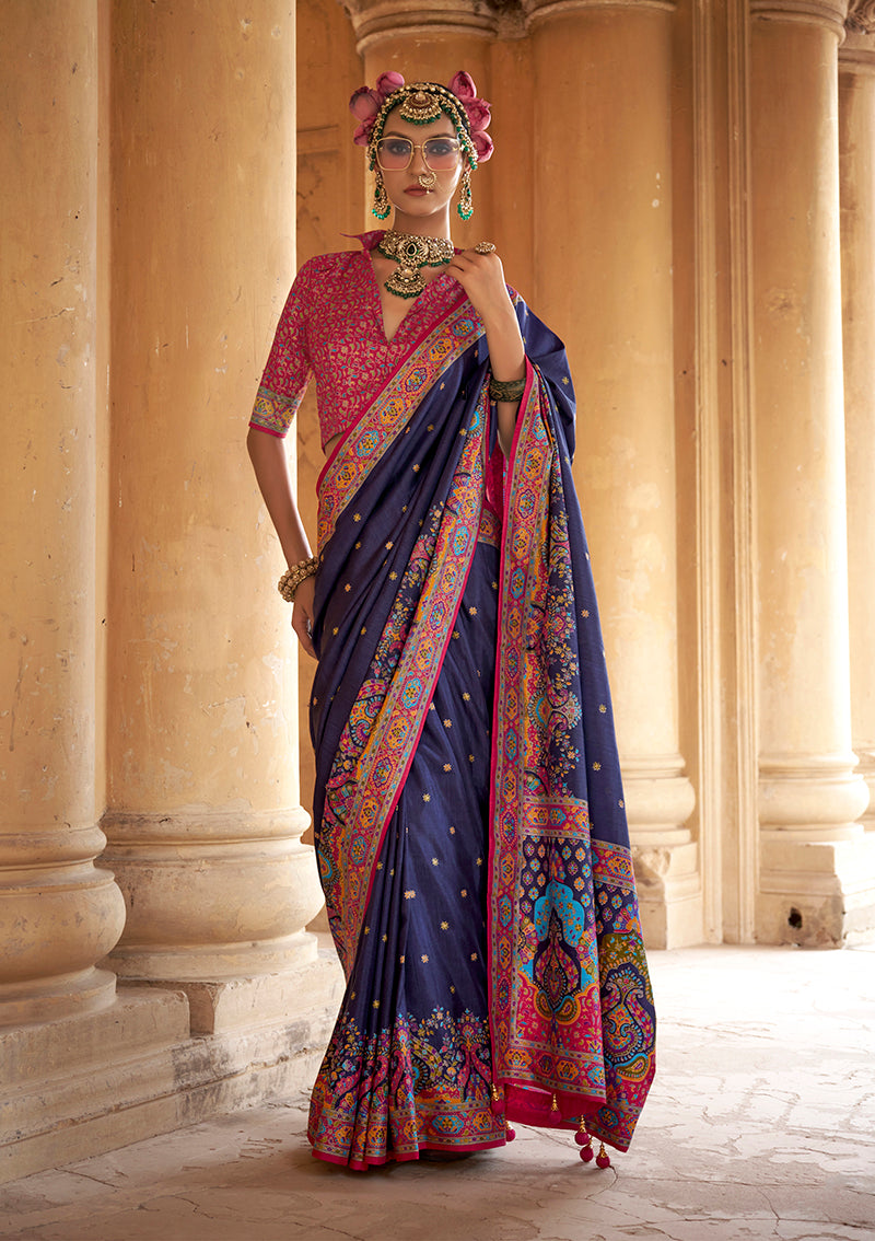 Navy Blue Silk Printed Saree