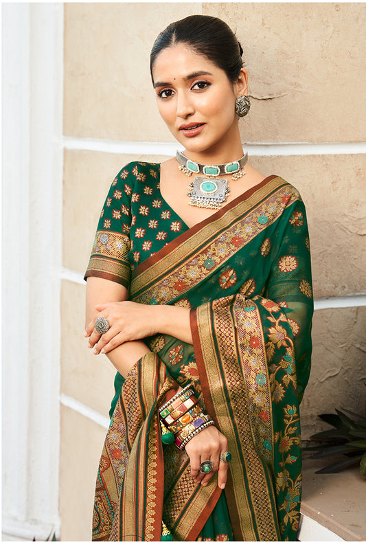 Dark Green Poly Viscose Georgette Meenakari Jaal Banarasi Saree